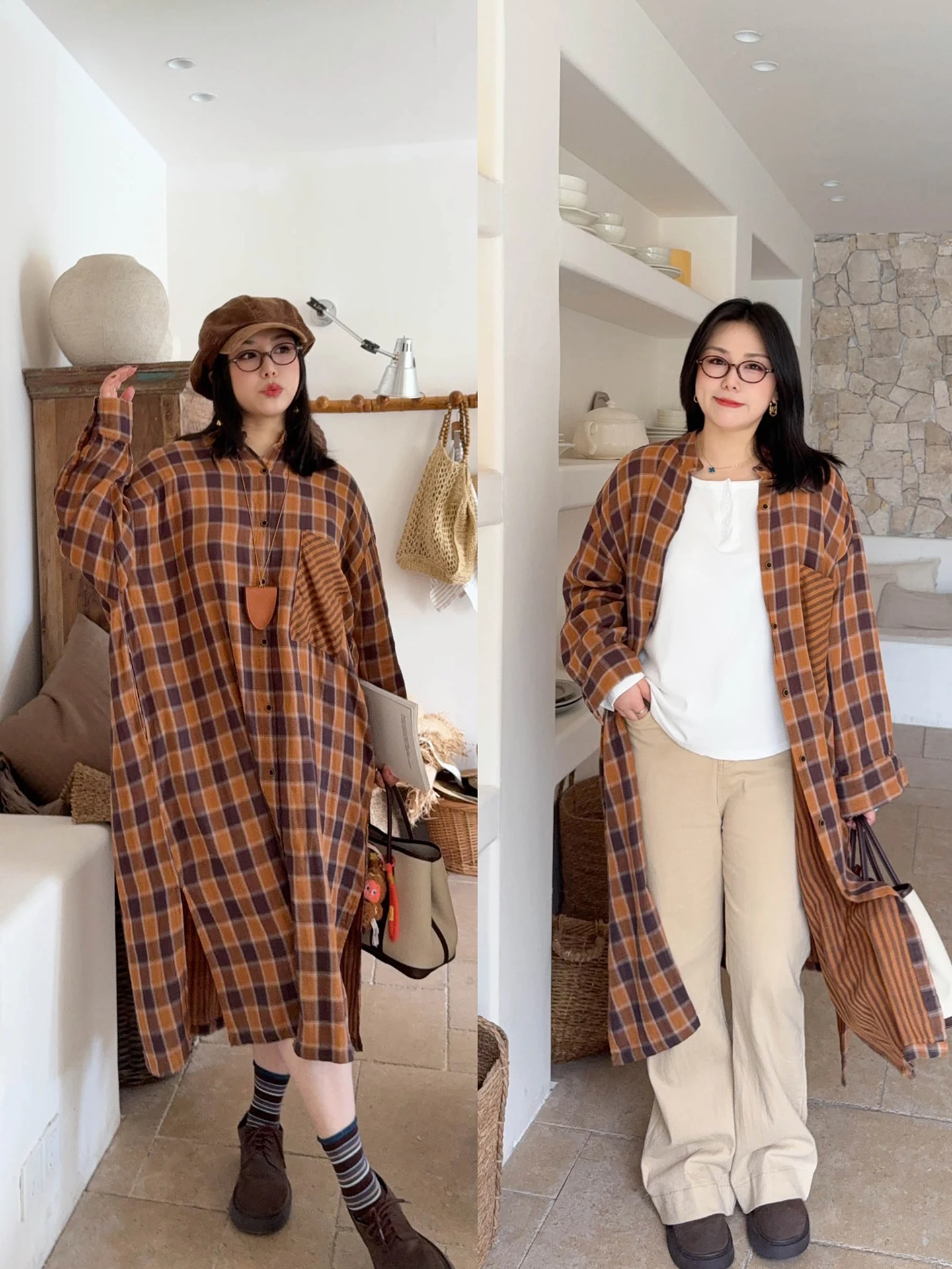 

VOGANA Large Size Women's Vintage Plaid Dr Slimming Concealing Korean Forest System Loose Fit Autumn Winter Dr