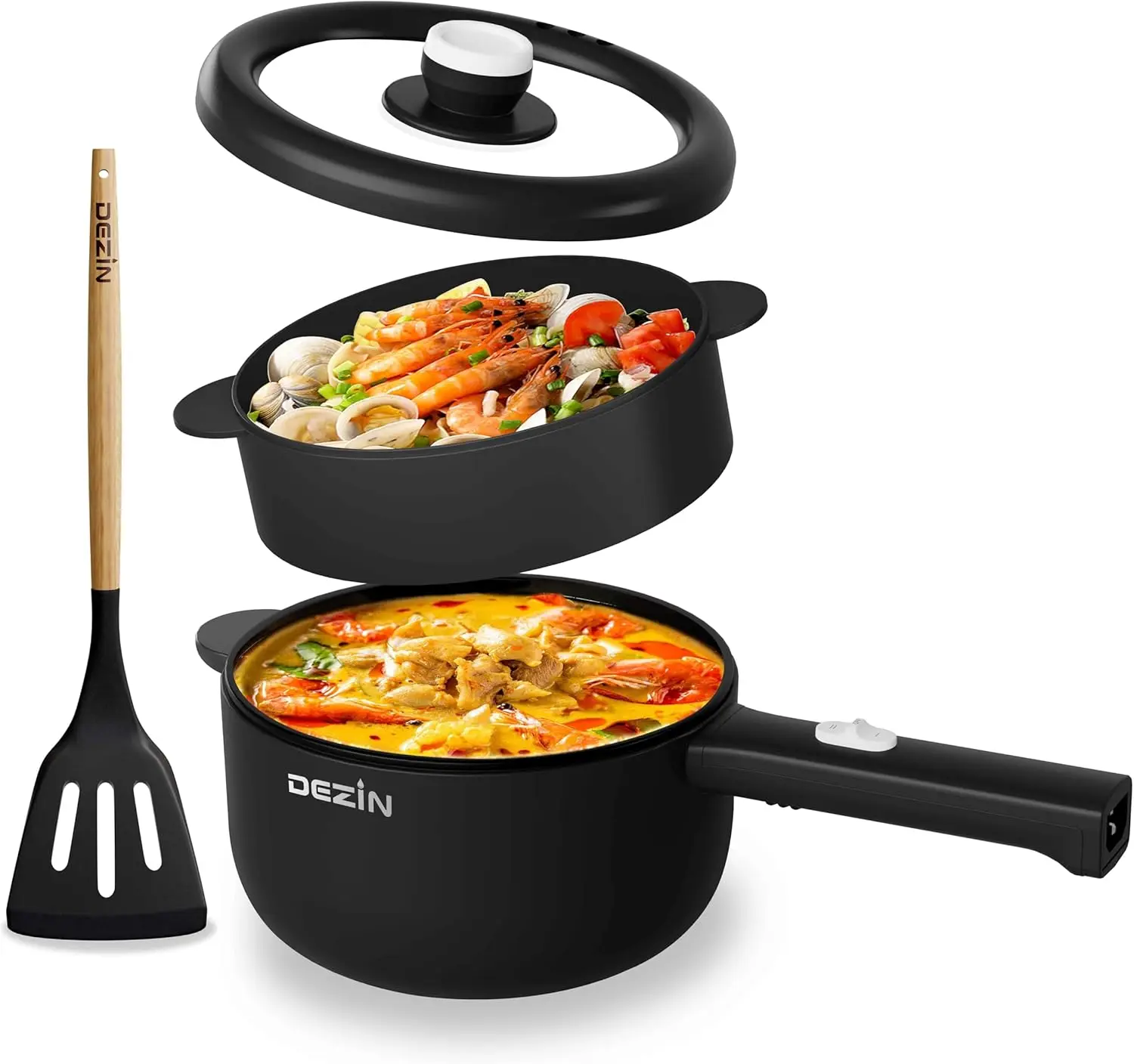 

2L Non-Stick Electric Cooker for Noodles, Steak, Eggs & Soup with Power Adjustment, College Dorm Essential (Egg Rack Included)