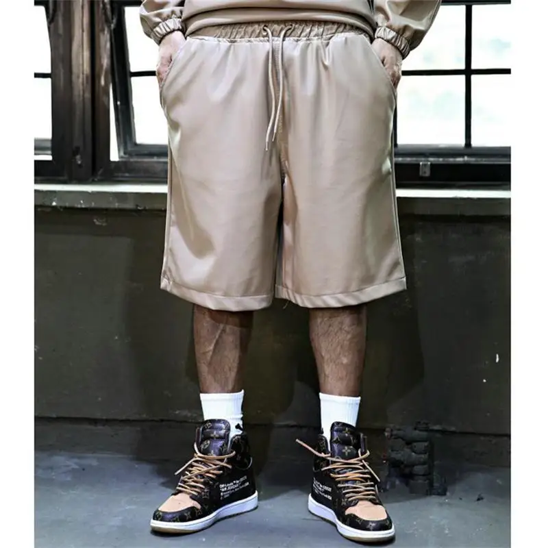 

Men's Bright Leather Casual Shorts 2021 Spring And Autumn Korean Tide Brand New Solid Color Pu Lace Up Loose Fashion Capris