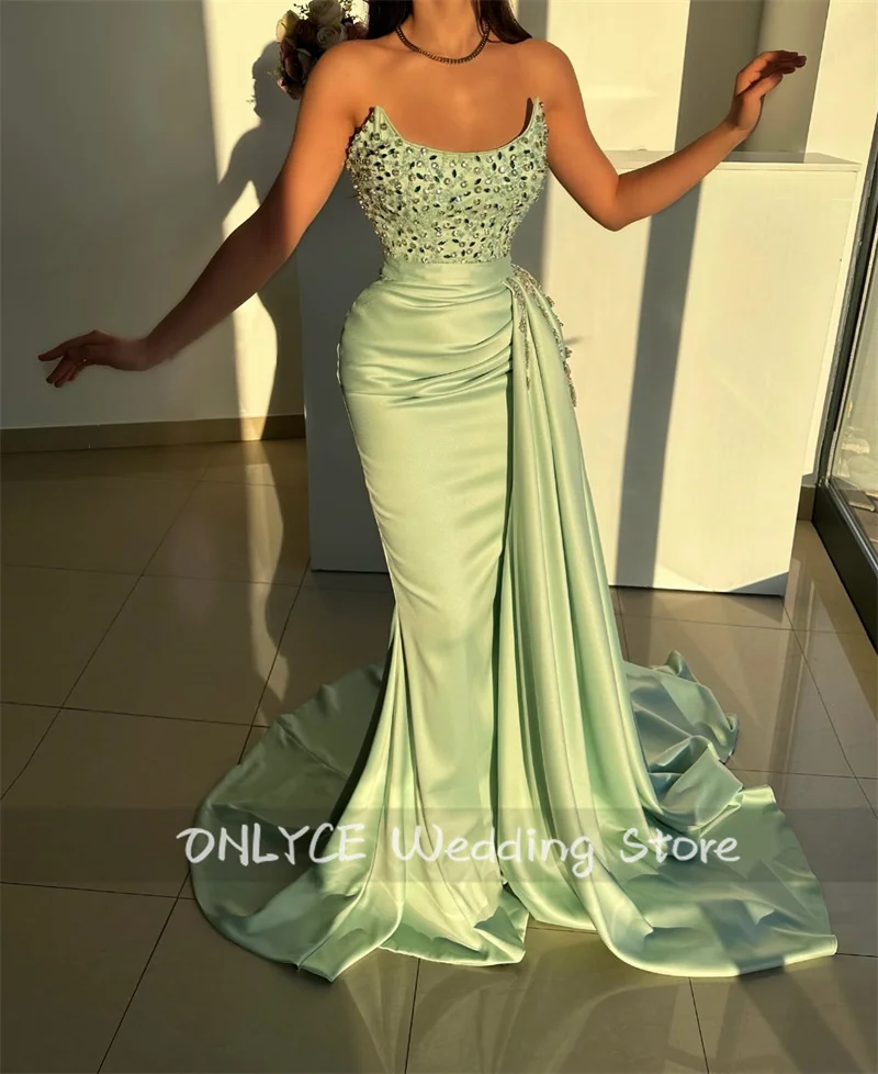 

Luxury Mermaid Evening Dresses With Detachable Train Crystal Beads Sweetheart Exquisite Satin Elegant Party Prom Gowns Customize