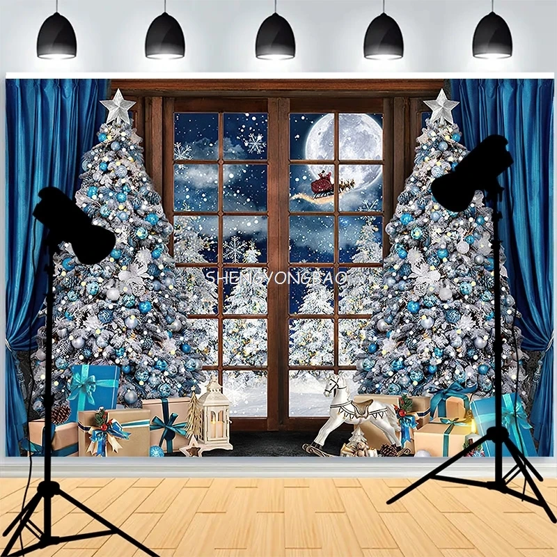 

Wooden Floor Window Background Christmas Day Fireplace Living Room Decoration Family Party New Year Photography Backdrops AG-01