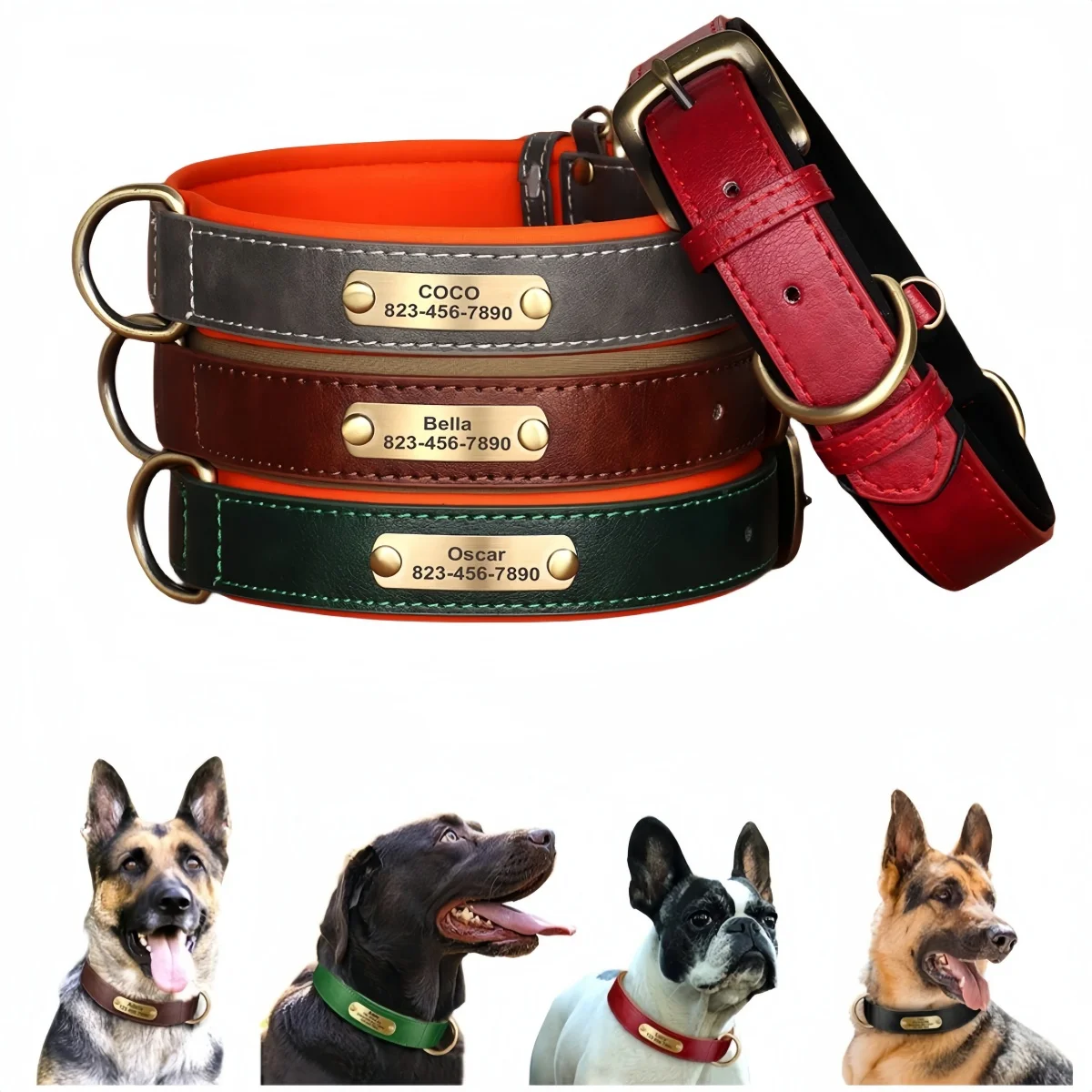 

Personalized Dog Collar Custom Engraved PU Leather Dog Collars Free Engraving ID Tag Nameplate For Small Medium Large Dogs