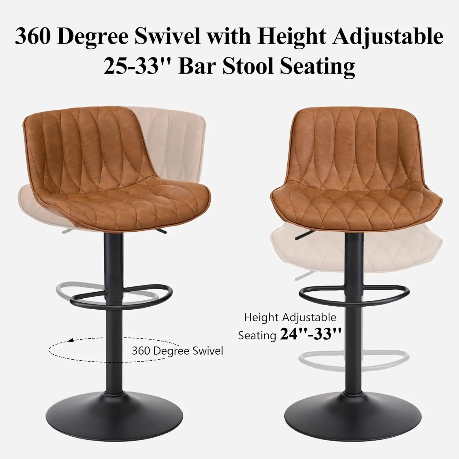 Swivel Bar Stools Set of 3, Brown Adjustable Counter Height Faux Leather Bar Stools with Back (3PCS)