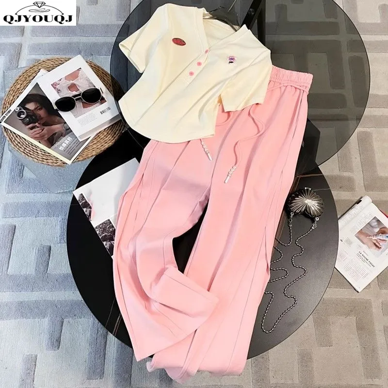 

Fashionable Age Reducing Leisure Sports Set Summer New Style Fashionable Short Sleeve+Pink Wide Leg Pants Two Piece Set