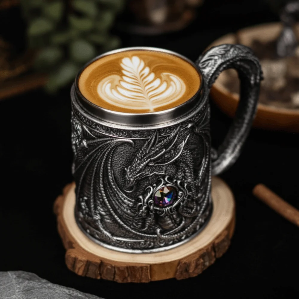 304 Stainless Steel Inner Gothic Flying Dragon Beer Stein 3D Embossed Insulated Coffee Mug Vintage Mythical Dragon Beer Cup