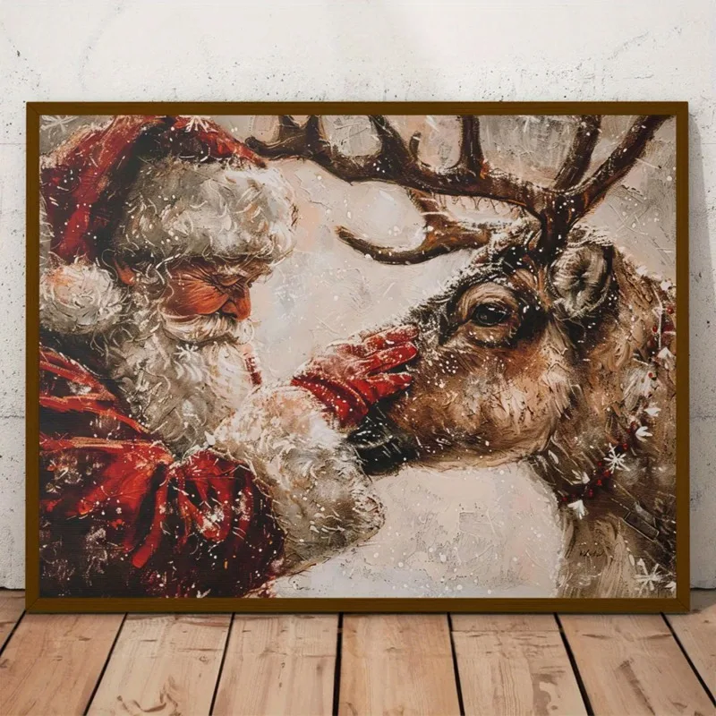 

1pc, Santa Claus and Reindeer Canvas Art Print, Vintage Christmas Illustration, Modern Art Decor, Unframed, Horizontal Wall Art