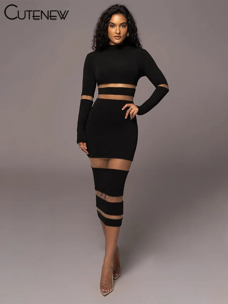 NIBBER Women's Elegant Turtleneck Stripe Knitted Maxi Dress Full Sleeves Body-shaping Robe Evening Sexy Attirewear Vestidos - Image 4