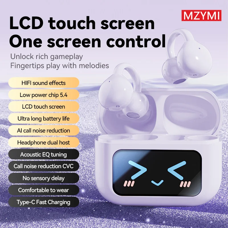 

Беспроводные Bluetooth-наушники MZYMI OWS с клипсой на ухо, сенсорным LCD-экраном и управлением, Bluetooth 5.4, водонепроницаемые беспроводные наушники