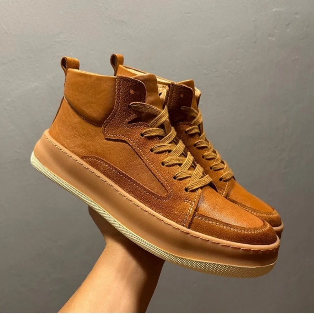 

QHCCID Handcrafted Cowhide Leather High-Top Men's Boots Fashionable Autumn Casual Breathable Sneakers Flat Bottom Motorcycle