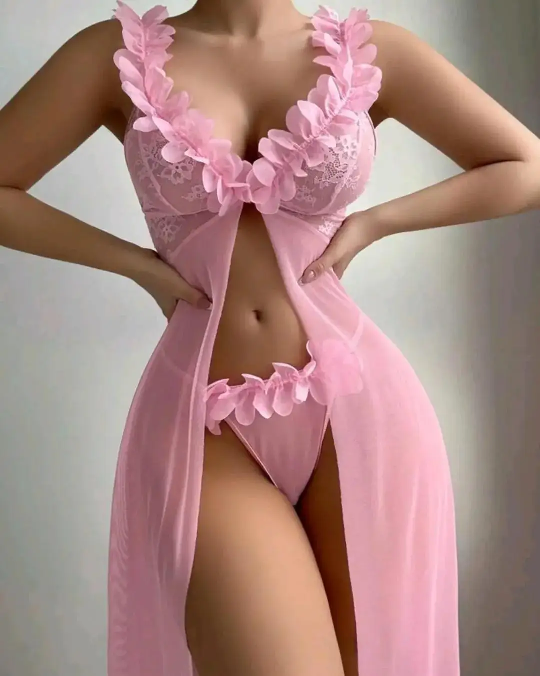 FloralLove الملابس الداخلية فستان طويل العميق الخامس الرقبة انظر من خلال الدانتيل فستان سهرة المرأة الوردي ملابس نوم نسائية جدا ملابس النوم