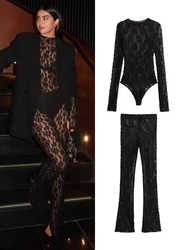 Trafza Sommer neue Spitzen anzüge für Frauen Trend lange Ärmel aushöhlen schlanke Bodys elastische Taille lange Damen Leggings