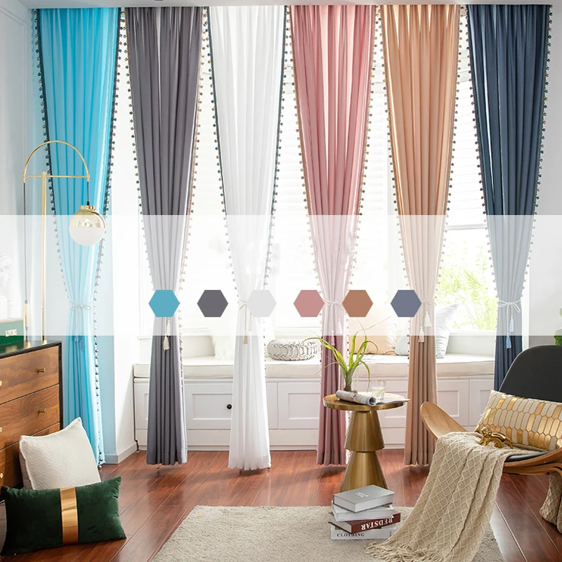 Luxury Tulle Curtains for Living Room, Bedroom Decor, Solid Thicken Voile Curtains with Tassels, Blue and Pink Door Curtain