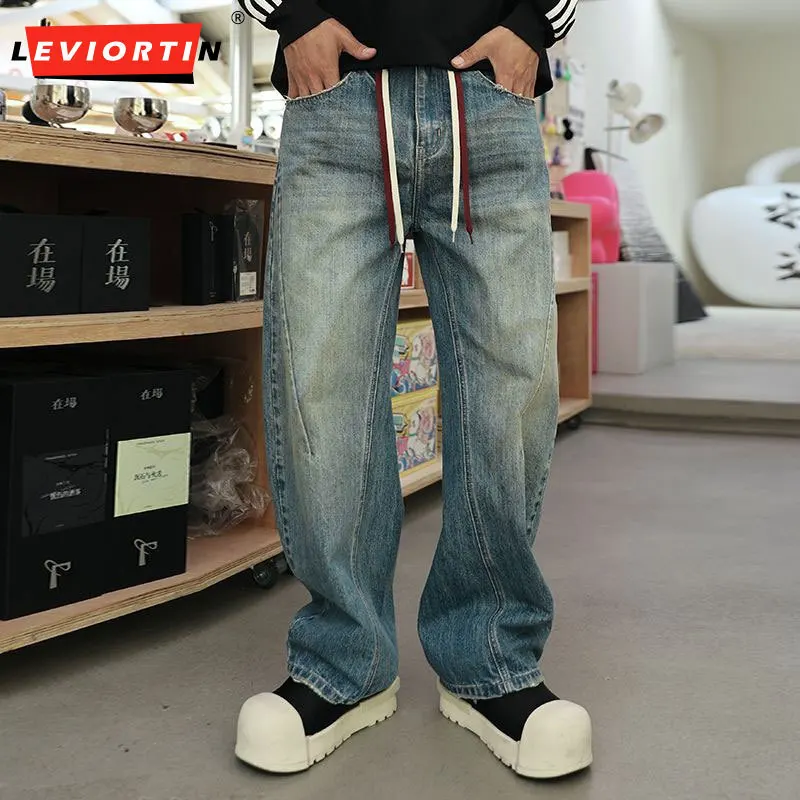 American retro vintage men's small curved knife jeans, men's autumn new style, loose wide leg drawstring hanging casual pants