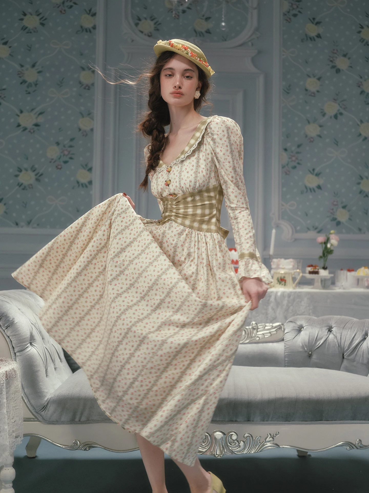 TIYIHAILEY ربيع الخريف النساء فستان كامل الأكمام طويلة ماكسي السيدات 100% القطن XS-XL خمر عالية الخصر المطبوعة منقوشة المرقعة