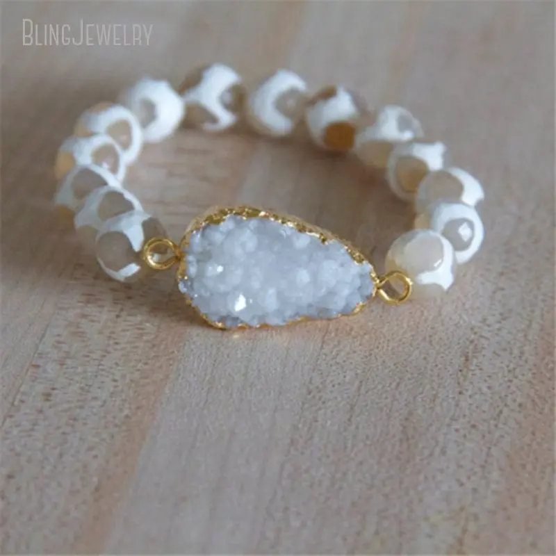 BM19495 White Crystal Druzy Jewelry Tibetan Diz Agate Cream Giraffa  Beads Stacking Bracelet