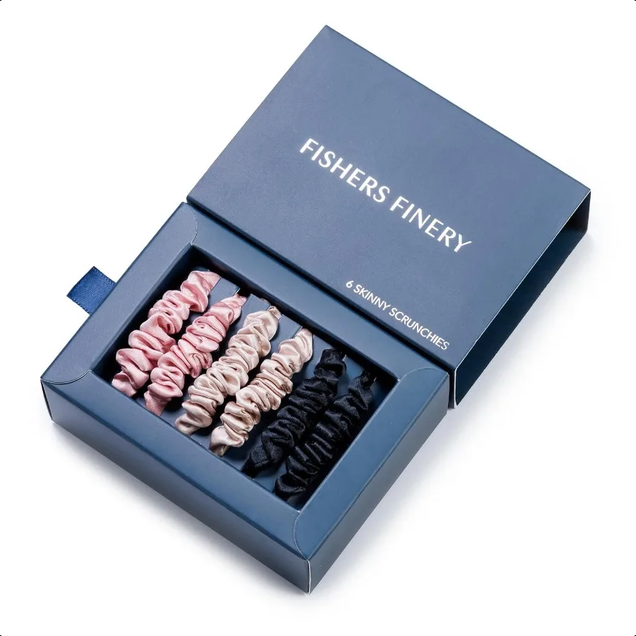 

25 Momme Pure Mulberry Silk Skinny Scrunchies Hair Tie Set for Thin Hair Black Pink Champagne 6 Pk