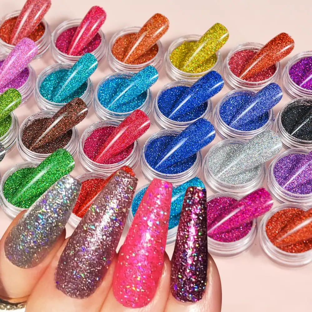 24/12 frascos/kit pó de glitter laser brilhante 0.2mm cores misturadas holográficas glitter pó de unhas natal menina conjunto manicure pó pb222