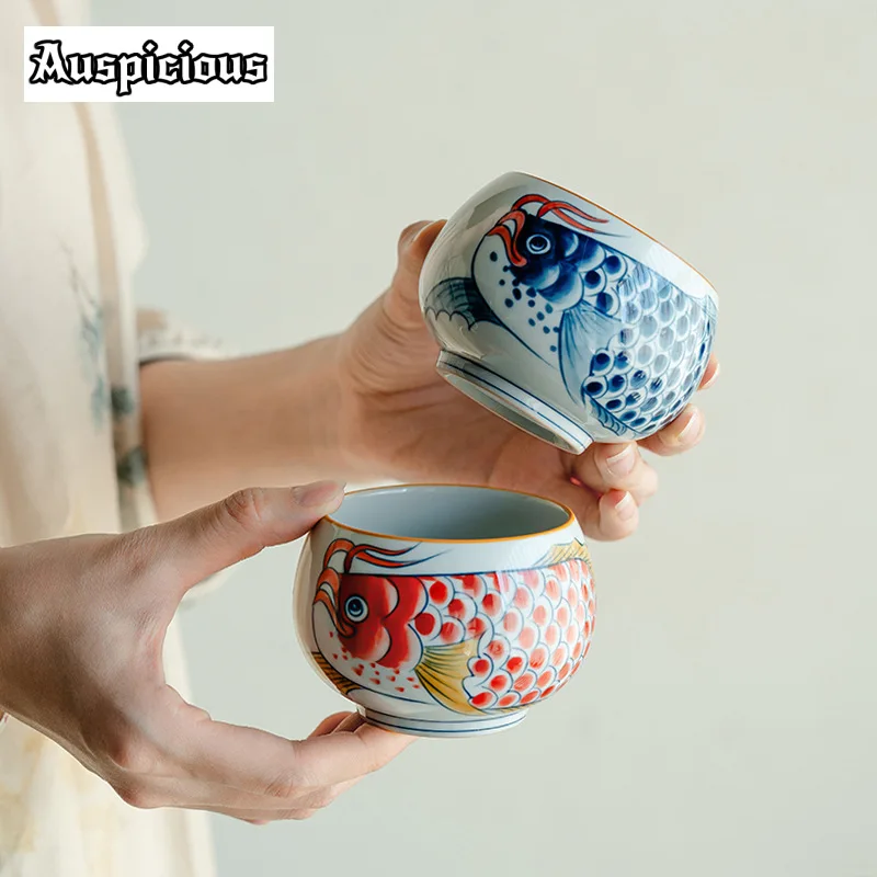 Pure Hand-painted Red Dragon Fish Teacup Nafu Blue and White Master Cup Sample Smelling Cup Puer Tea Bowl Chazhan Teaware 200ml