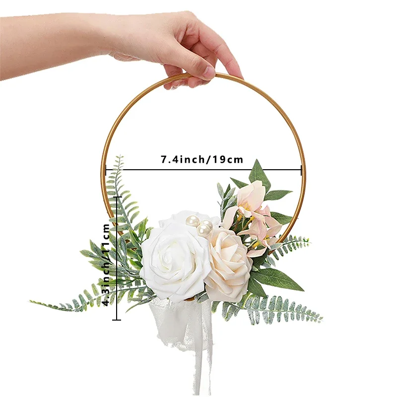 1PC Metal Rose Rings Wedding Bridesmaids Flower Children Handheld Rings Festival Decoration Wall Hanging Small Wreath