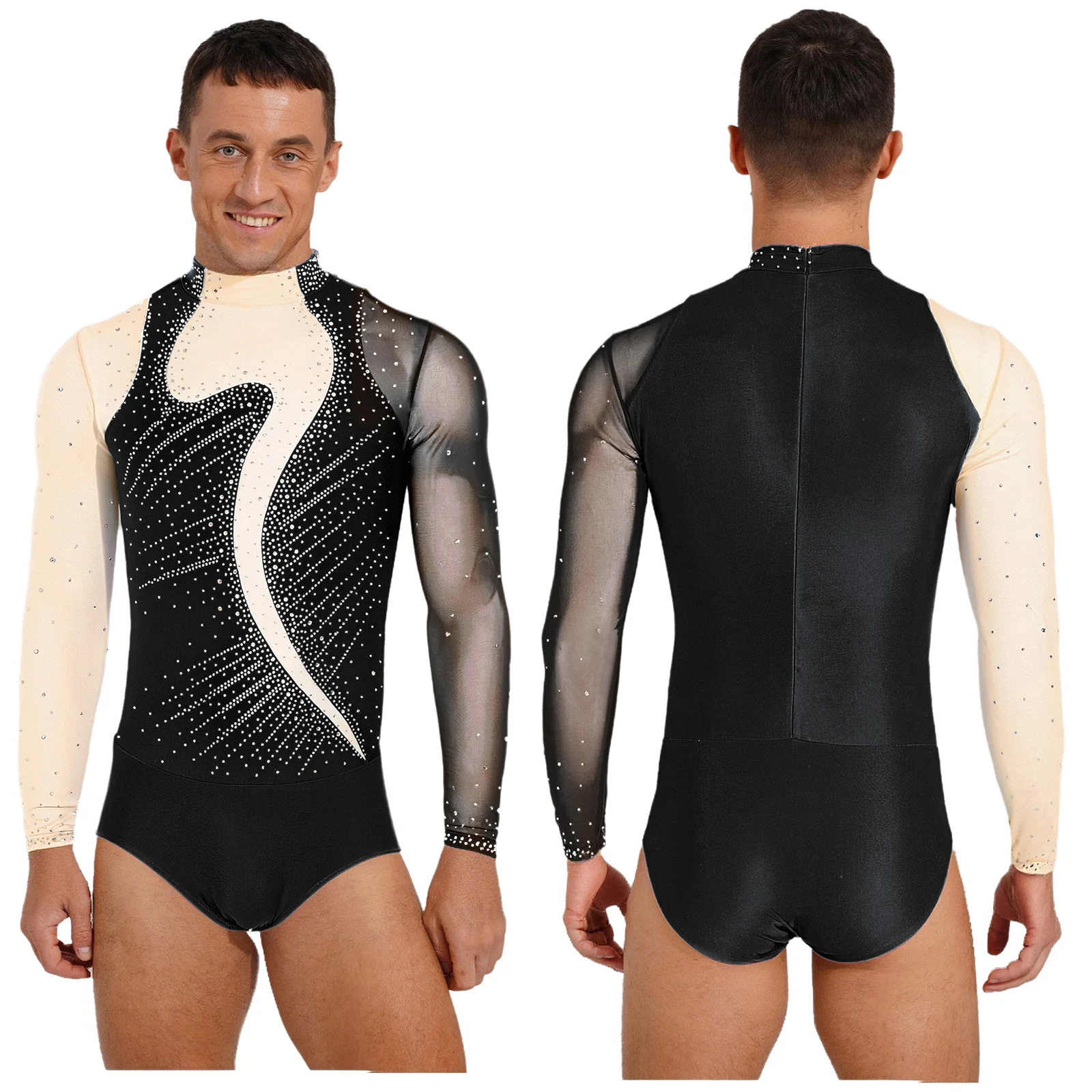 

One-piece Swimsuit Mens Skating Training Jumpsuit Dancewear Rhinestones Bodysuit for Ballet Latin Dance Performance Competition