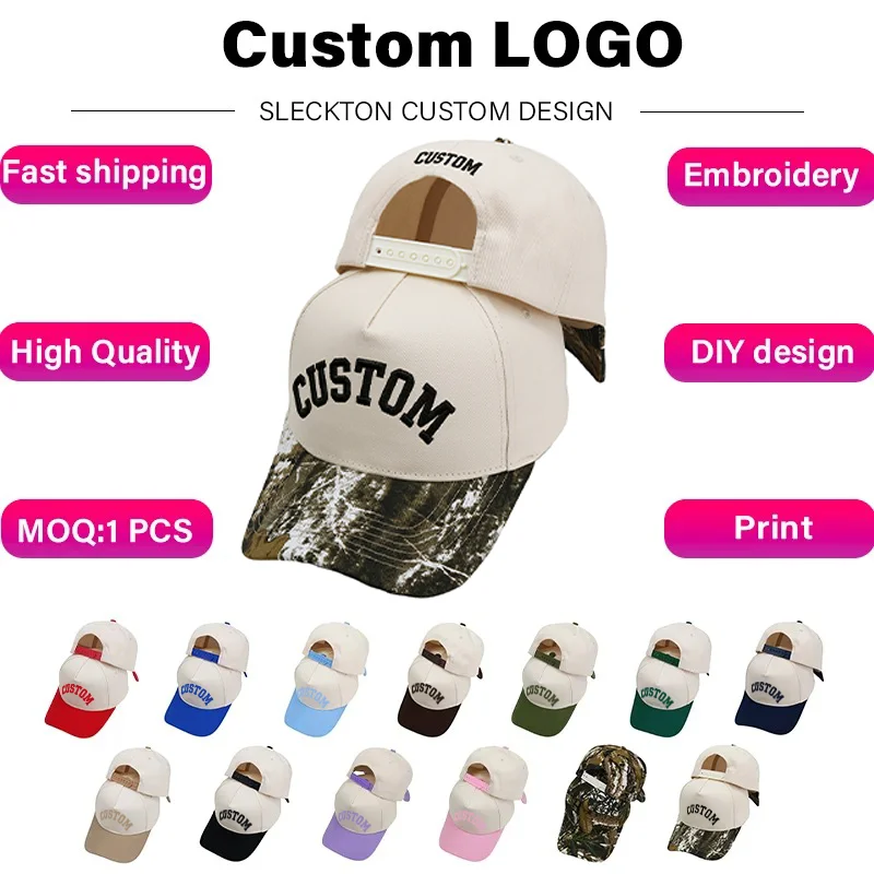 SLECKTON Custom Logo Embroidery Color Blocked 5-Panel Baseball Cap for Men and Women  Pure Cotton Leisure Vacation Brand Design