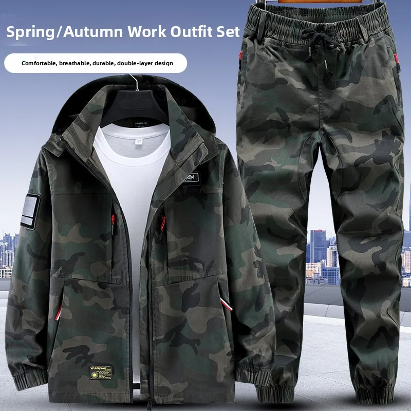 

Утолщенный рабочий костюм из чистого хлопка с камуфляжным принтом для мужчин, износостойкий, для строительных работ на открытом воздухе, для сварки, с защитой от перегрева, для лабораторий