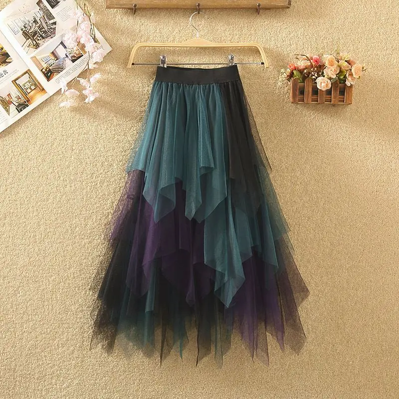 New Skirt Long Tutu Tulle Skirt Women Fashion 2024 Summer Korean Irregular Contrast Color High Waist Pleated Maxi Skirt Female