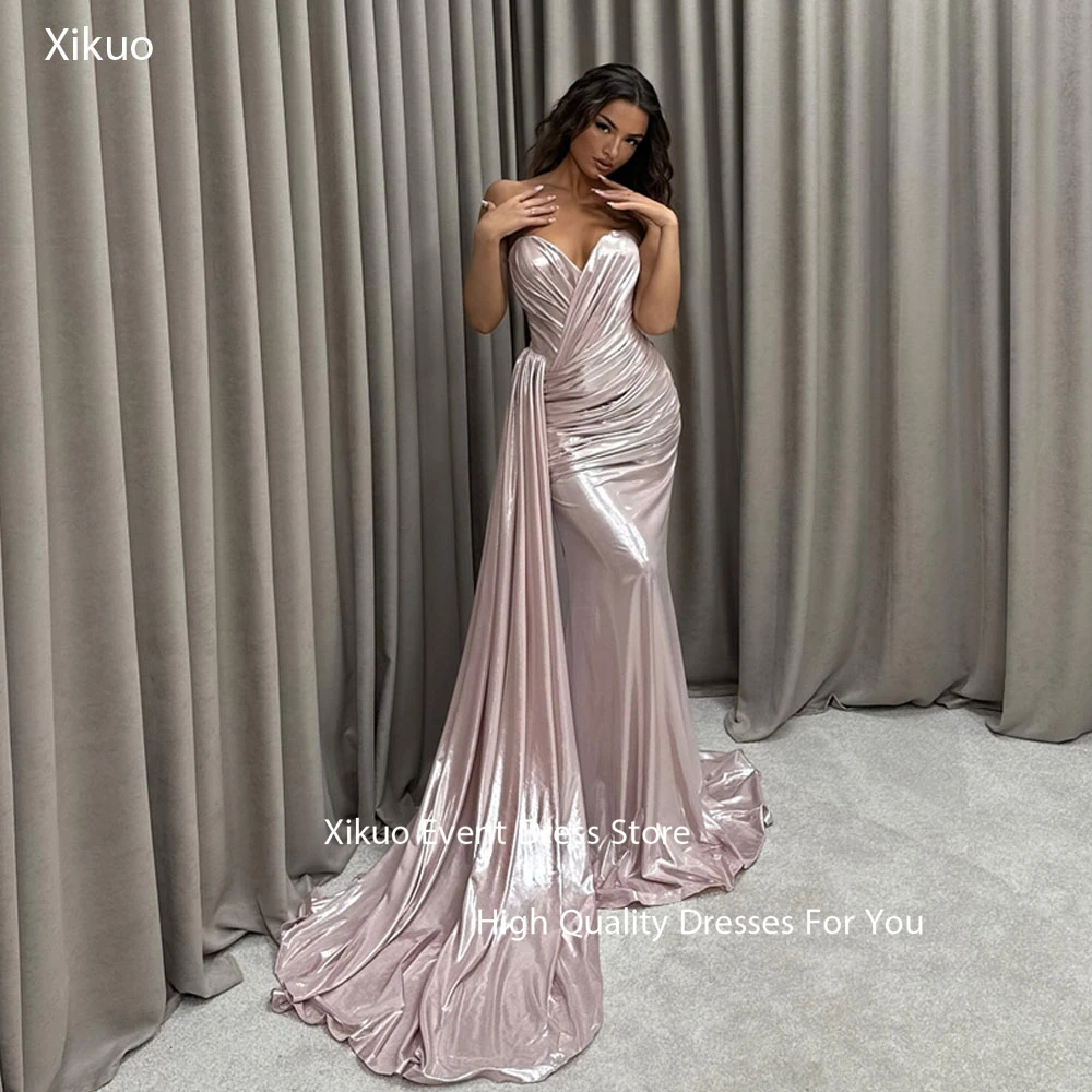Xikuo gracioso vestido de noite de cetim querida sereia plissado robe cocktail femmes verão até o chão festa de formatura vestido personalizado