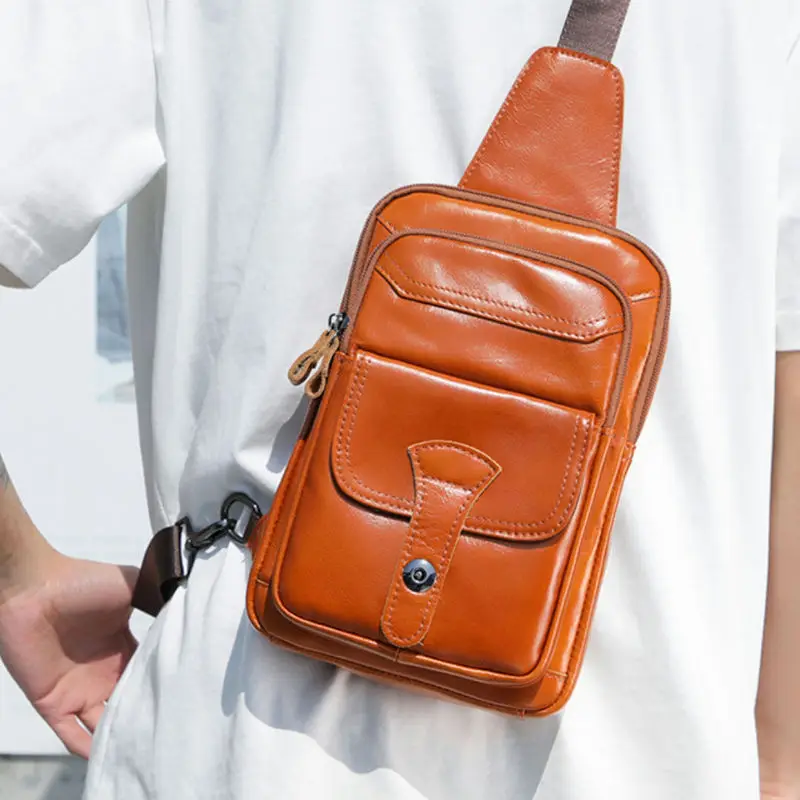 Leather shoulder bag with vintage oil-waxed leather on the front layer fashionable men's front bag single-shoulder crossbody bag