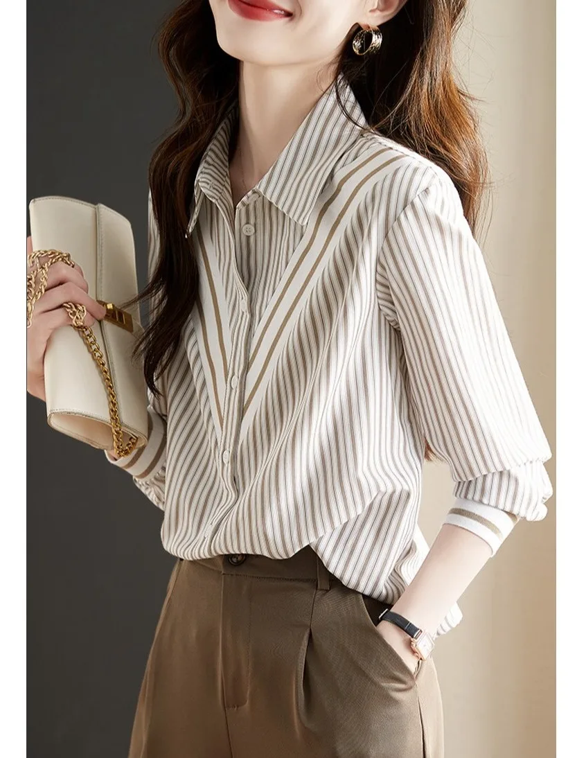 

Женская полосатая рубашка Ele Long Sve кофейного цвета, омолаживающая, для весенне-осеннего гардероба, прямого кроя, из смесового полиэстера и хлопка