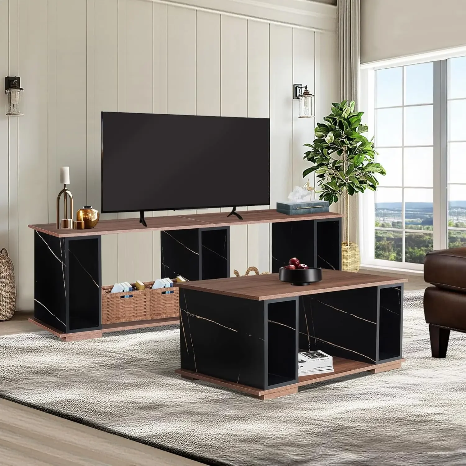 Home Furniture TV Stand And Coffee Table Set Of 2,Living Room Table Set Including 70 Inch Entertainment Center And Wood Center|