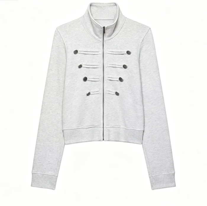 Chaqueta Corta Vintage de Felpa Gris Jaspeado con Cuello Alto, Cremallera Frontal y Botones Decorativos a Doble Cara, Abrigo Exterior para Uso Diario 20260602