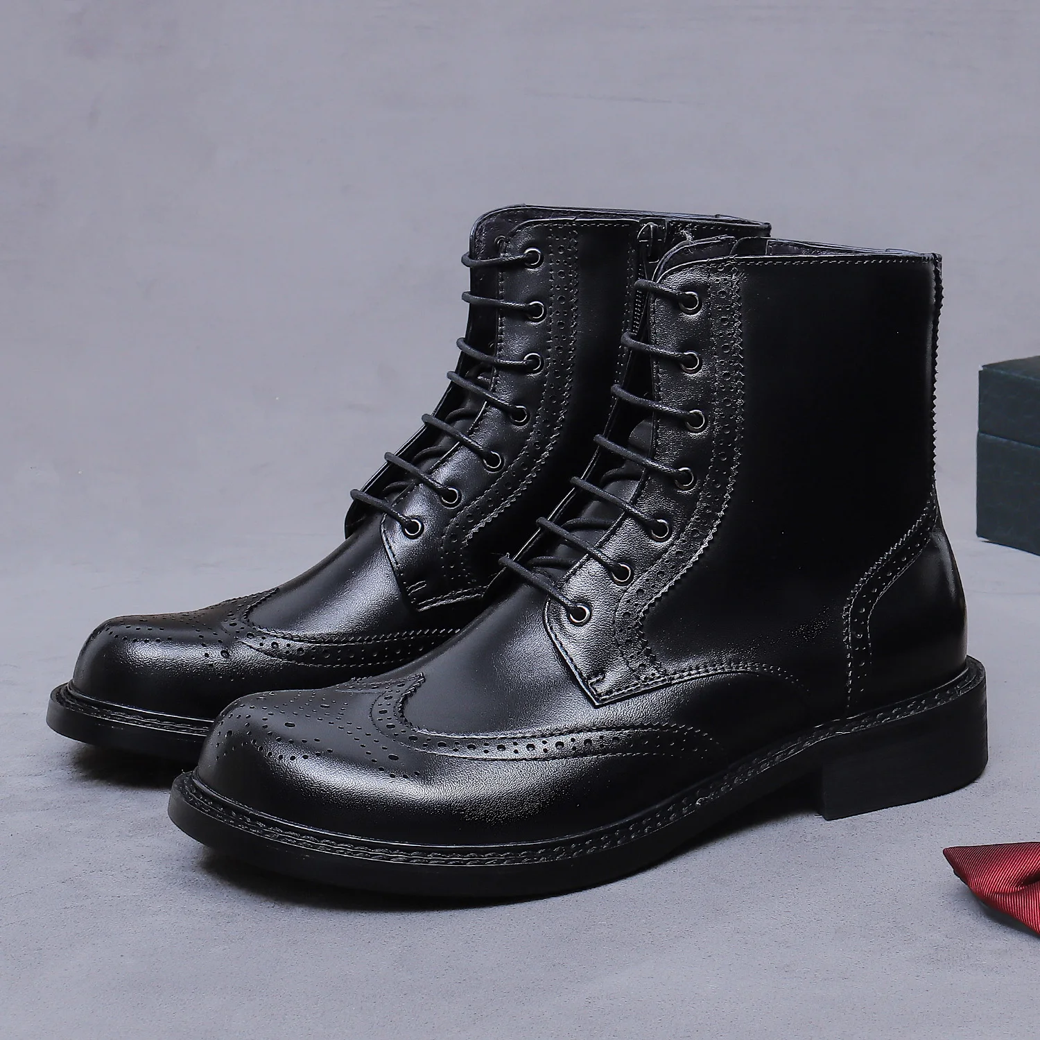 

Danielwolf 96191 Brogue Genuine Leather Boot Cowhide Carved Style Retro Rough Heel High-Top Knight Boots Winter Chelsea Boot