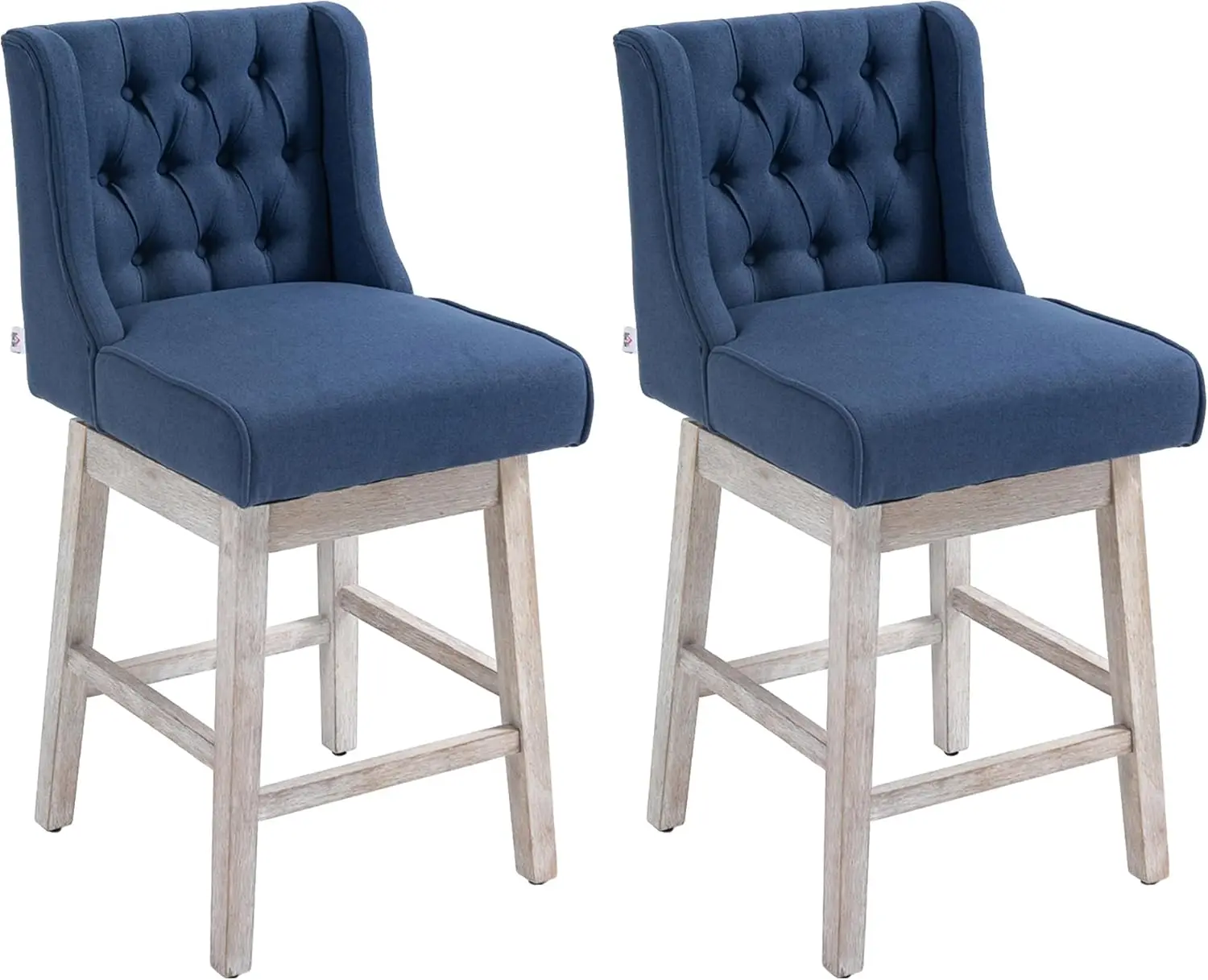 Bar Stools Set of 2, 180° Swivel, Solid Wood Footrest, Button Tufted, 27' Seat Height, Blue