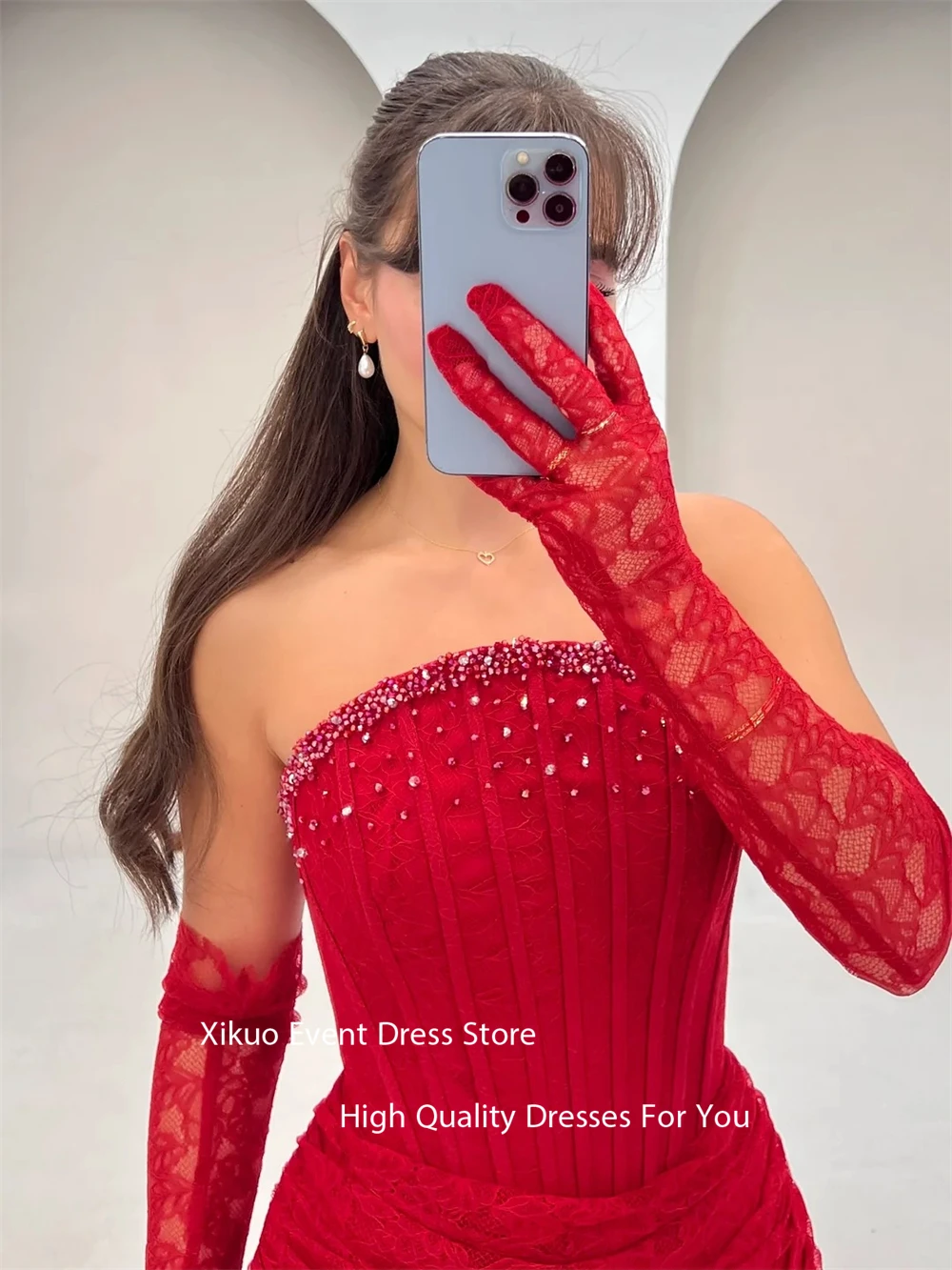 Xikuo renda vermelha vestidos de noite formal sem alças miçangas vestidos de festa árabe saudita apliques luxuoso robe de soirée personalizado