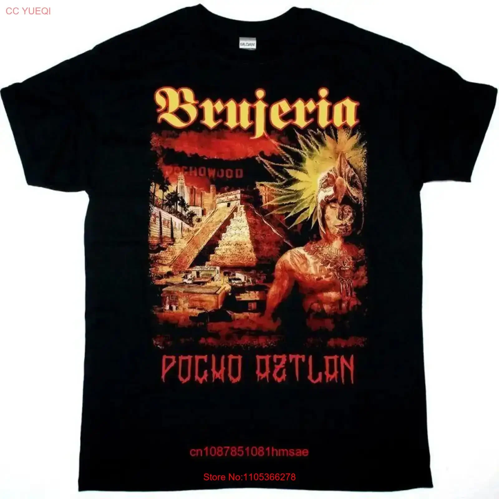 Camiseta Negra Vintage BRUJERIA PONCO AZTLAN, Estilo Lavado, para Uso Diario, Streetwear para Hombre, Elástica y Ligeramente Cómoda