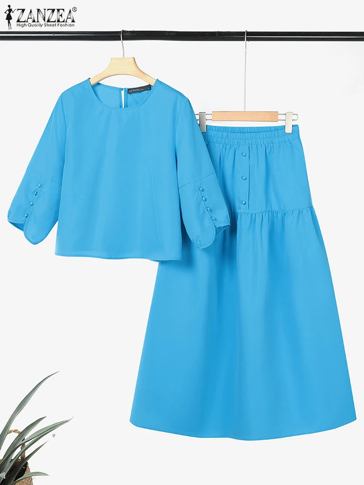 

ZANZEA Women Dress Sets Solid Vintage Split Half Sleeve Tops Long Dress Sets 2025 Casual OL Work Outfits Matching Sets 2pcs