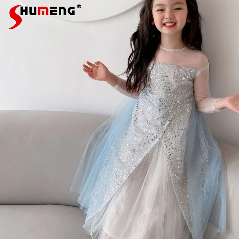 

Платье-накидка с пайетками для девочек, с длинным рукавом, синее, в стиле принцессы, детское праздничное платье с цветами для дня рождения