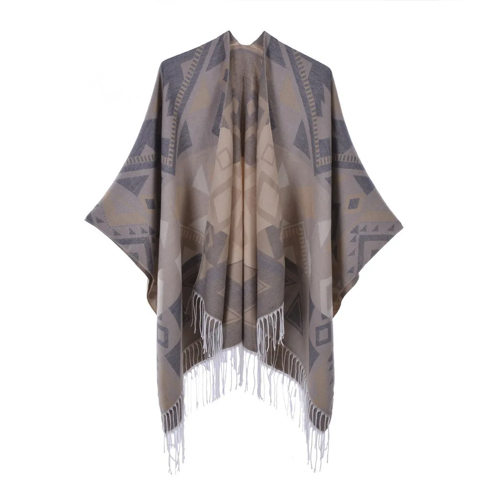 

Autumn Winter Geometric Pattern Knitted Tassels Shawl Women Warm Imitation Cashmere Poncho Lady Capes Gray Cloaks