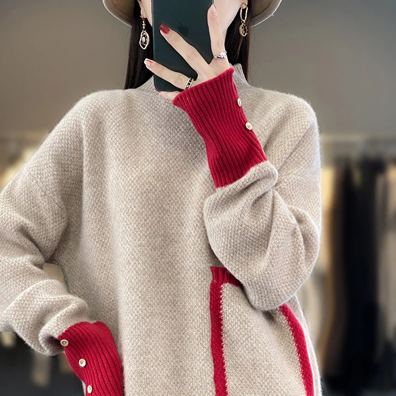 Large Size Sweater Clothing 2023 Autumn/Winter 100% Cashmere Wool Sweater Women\'s Half High Neck Knit Pullover Loose Fashion Top