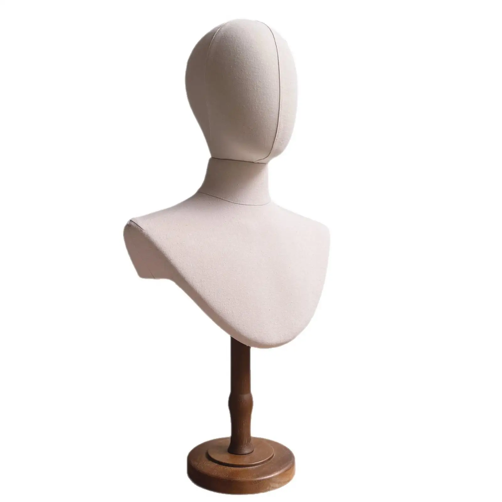 Head and Shoulders Mannequin Display Stand with Pin Friendly Cloth Surface and Round Wood Base for Accessories