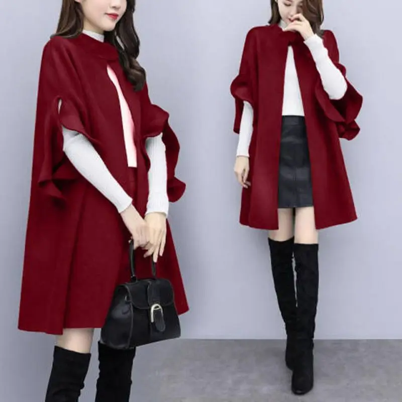 Women\'s Autumn Winter Clothing New Korean Fashionable England Midi Solid Color Stand Collar Flare Sleeve Draped Woolen Cape Coat
