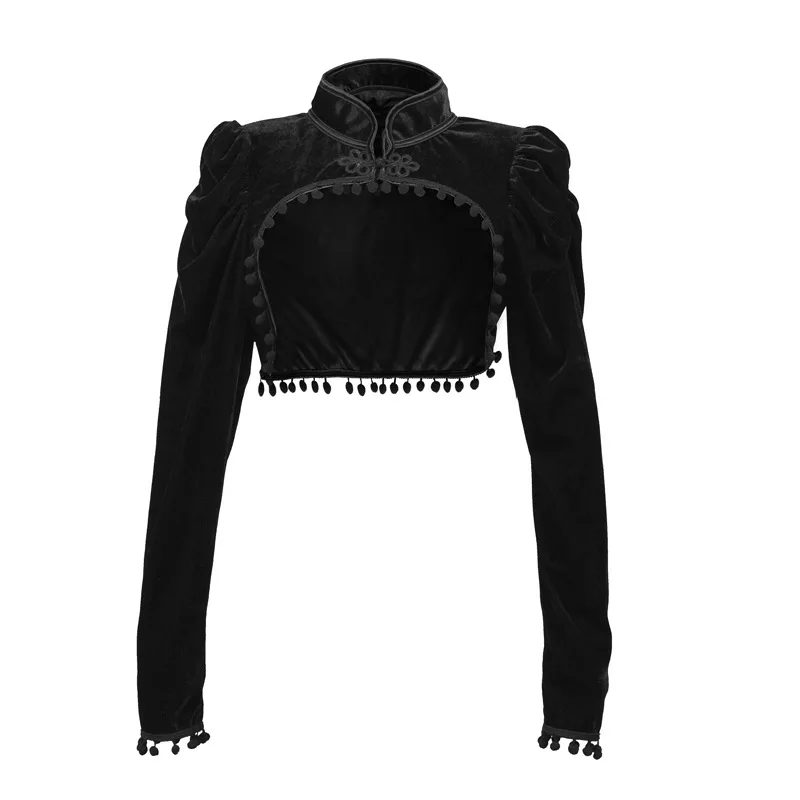 Mittelalterliche Steampunk-Jacke, Schwarze Quasten-Stehkragen-Kurzjacke, Damen-Gothic-Mantel, Nabelfreier Langarm-Retro-Slim-Fit-Mantel – Detail 2