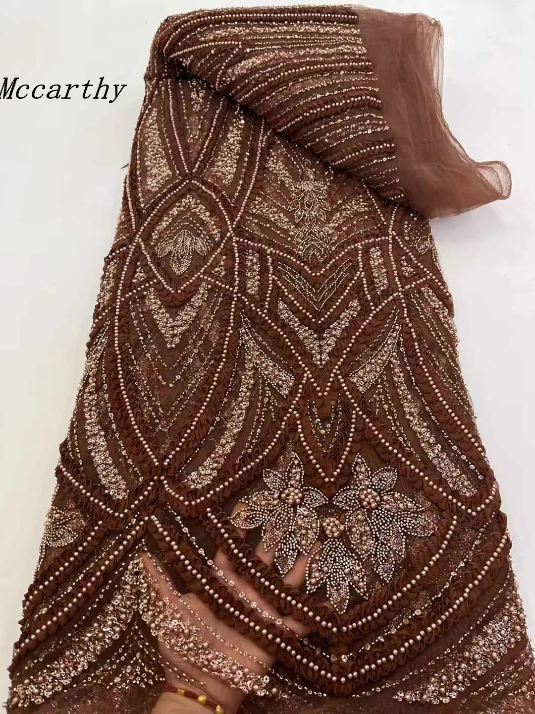 

Коричневая модная французская сетка с 3D цветами, вышивка бисером, кружевная ткань с блестками, африканская нигерийская ткань для свадебного платья