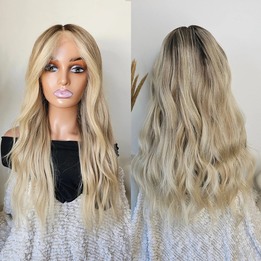 

Blonde Lace Front Human Hair Wig Brown Roots Realistic Natural Looking Luxurious High Quality Virgin Human Hair Brazilian Wig