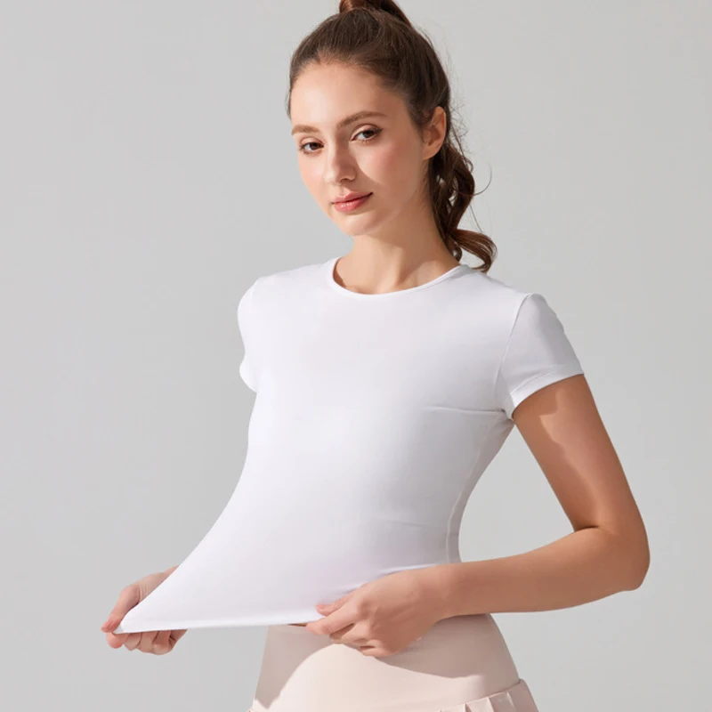 Summer Short Sleeve Yoga T-Shirt Women Solid Color Slim Fit Gym Running Top Round Neckline Breathable Quick Dry Finess Clothes