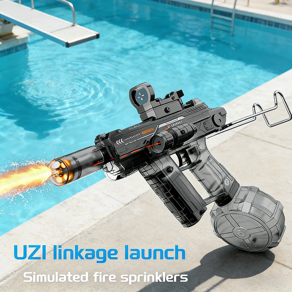 LED Flame Effect Rechargeable Black Water Gun High Capacity Long Range Automatic Burst Portable Kids Outdoor Electric Water Toy