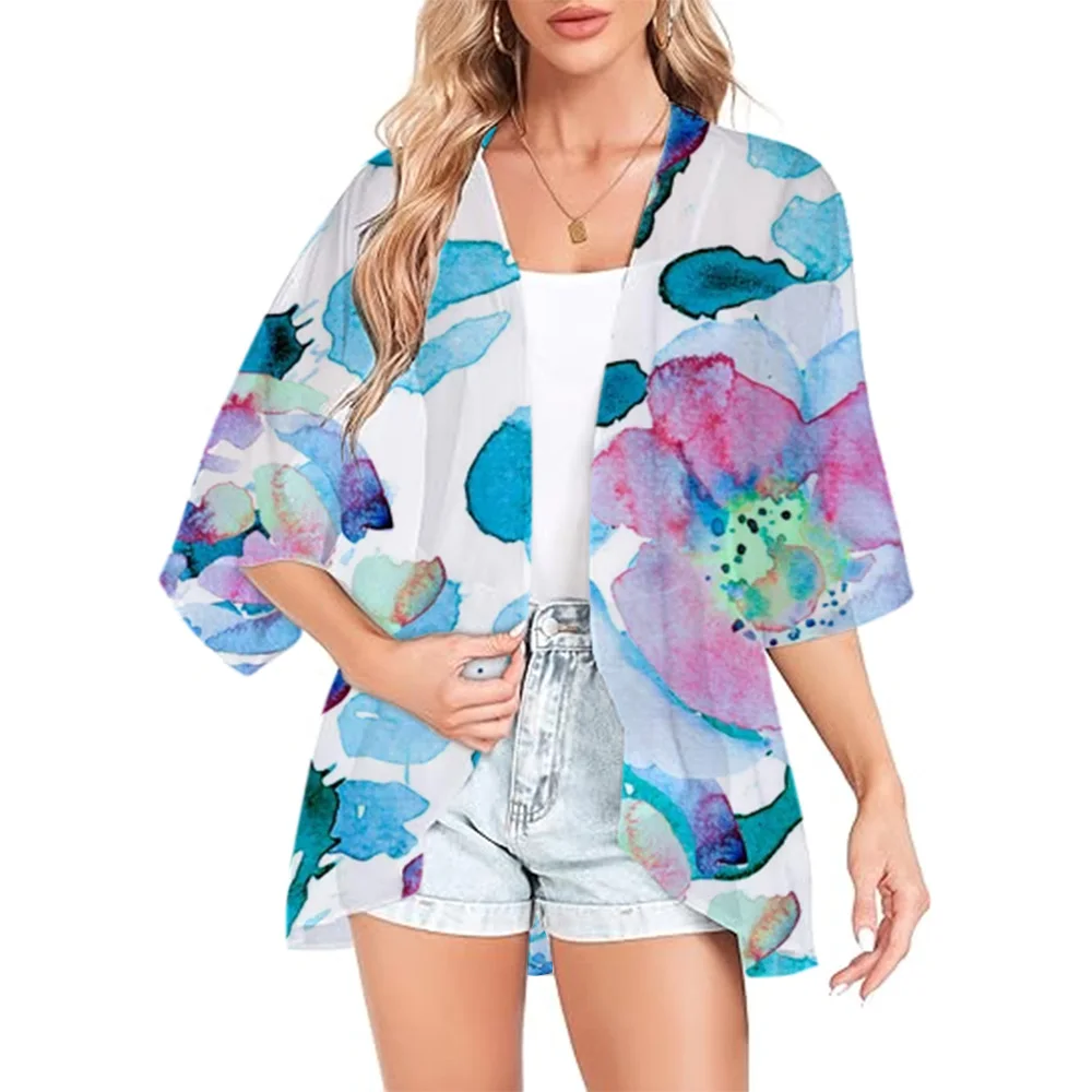 Cardigan en mousseline de soie à imprimé floral pour femmes, kimono de plage, haut de bikini, cover-up sexy, châle transparent, cardigan surdimensionné, été