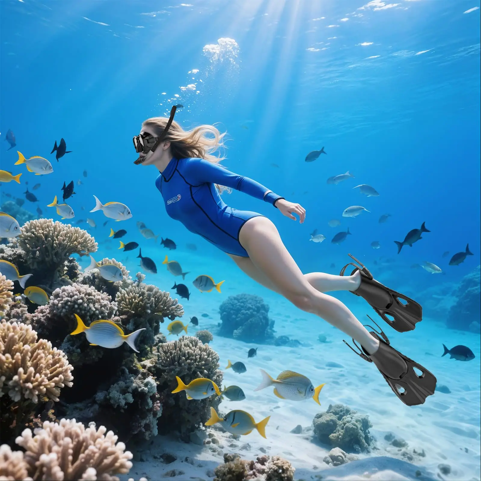 Maskenflossen, Schnorchelset, 4-in-1, Panoramablick, Trockenoberteil, verstellbar, kurze Tauchflossen, Reisetasche, Tauchausrüstung, Tauchen, Schwimmen, Erwachsene – Detail 1