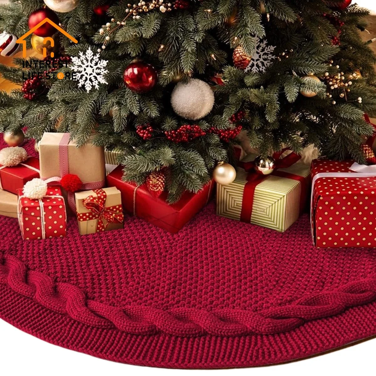 

New Knitted ChristmasTree Skirt Chunky Cable Knit Gift Christmas Tree Decoration Farmhouse Decor Holiday Home Party Decorations